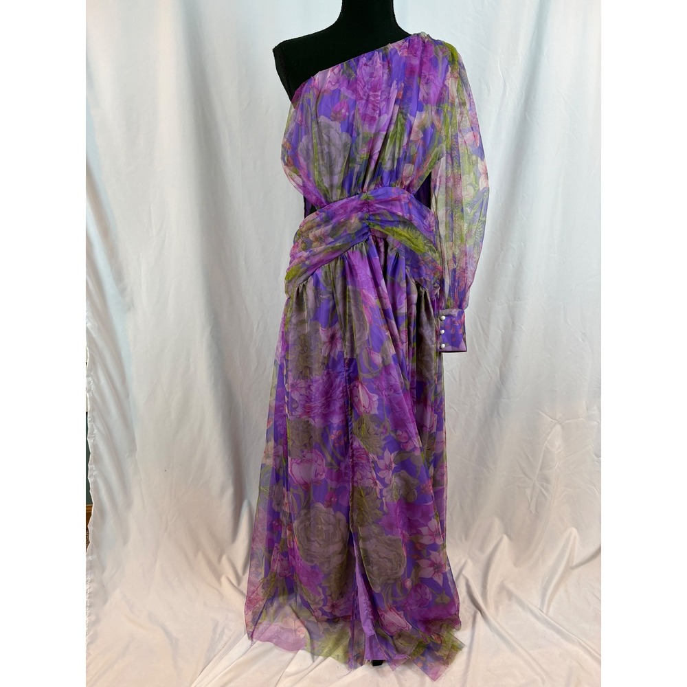 Purple Floral One Shoulder Mesh Maxi Dress Ruched Waist XL